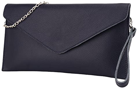 SH Leder Echtleder Clutch Umhängetasche kleine Tasche elegant Abendtasche in genarbt Rindleder mit Tragkette 31,5x16,5cm Saya G369 (Dunkelblau)