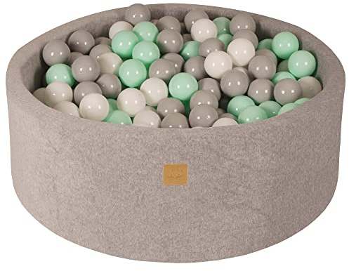 MEOWBABY Bällebad Baby - Rund 90x30cm Ballgruben für Kinder mit 200 Bälle, Samt, Hellgrau: Weiß/Grau/Minze