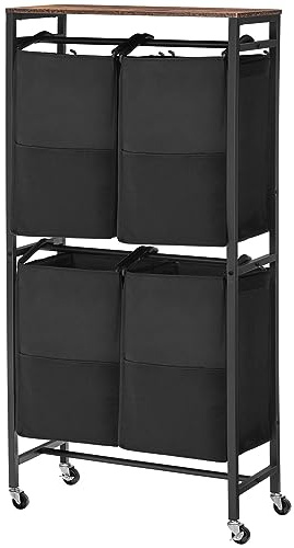 HOOBRO Laundry Sorter, Laundry Basket with Wheels, 52 Gal (198L) Rolling Laundry Hamper, 2 Tier Laundry Cart with 4 Removable Oxford Fabric Laundry Bags, Rustic Brown and Black BF71XY01