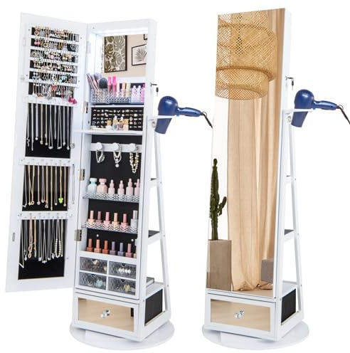 GOPLUS Drehbarer Schmuckschrank mit Ganzkörperspiegel, Schmuckorganizer mit LED-Beleuchtung, Haartrocknerständer, Spiegelschrank Schmuck mit Schublade & Ablagen, für Schlafzimmer (Weiß)