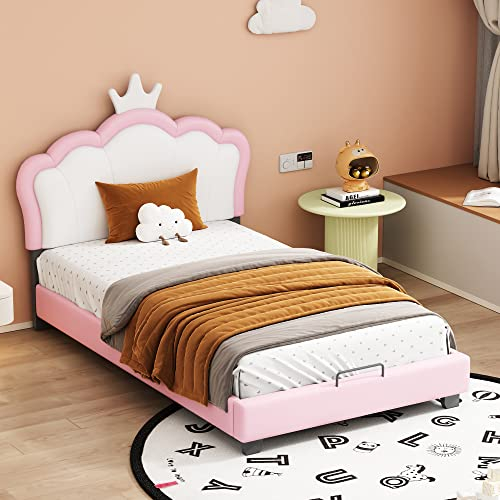 FAHOI Kinderbett Polsterbett 90x200cm mit Lattenrosten und Rückenlehne, Rosa Holz Einzelbett Mädchen Bett mit Kronenform Kopfteil, Matratze Nicht Enthaltet (Rosa 90x200cm)