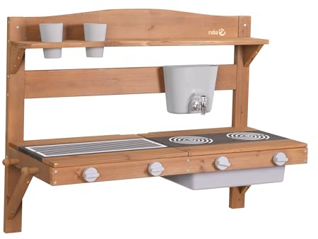 roba Cuisine Extérieure Murale pour Enfants avec Évier, Plaques de Cuisson et Réservoir à Eau - Idéale de 18 Mois à 8 Ans - Cuisine à Suspendre en Bois Massif Lasuré Teck
