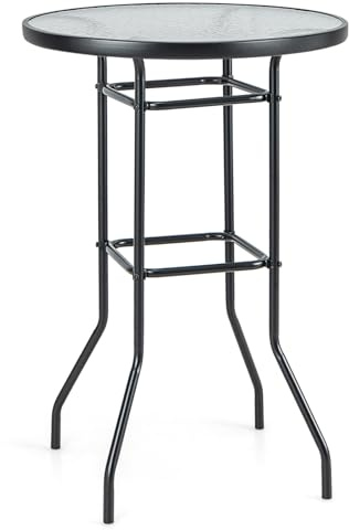 KOMFOTTEU Runder Gartentisch, hoher Beistelltisch aus gehärtetem Glas, Beistelltisch klein Ø68cm, Balkontisch Bartisch wetterfest, Bistrotisch Kaffeetisch Outdoor für Terrasse, Hof