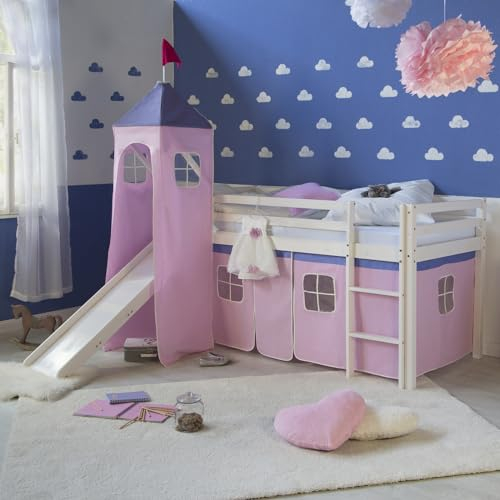 Homestyle4u 2559, Kinderhochbett Weiß 90x200cm Holz Kiefer Hochbett rosa Vorhang Leiter Rutsche Turm Lattenrost Matratze