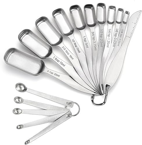 Juego de 16 cucharas medidoras de acero inoxidable 18/8, incluye 10 cucharas medidoras estrechas, 1 nivelador y 5 mini cucharas medidoras