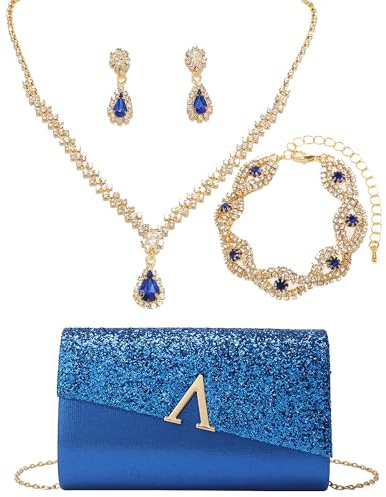 OUAYEMEL Glitzer Abend-Clutch für Damen, Glitzernde Handtasche für Hochzeiten und Bälle, 4-teiliges Strass-Schmuckset.