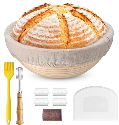 HaWare Cestino da lievitazione, 23 cm, rotondo, per pane con fodera, coltello da panetteria, raschietto per pasta e pennello da forno, cestino per il pane per la casa e i professionisti, sano e non