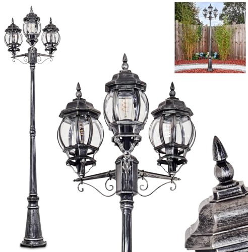 HOFSTEIN Kandelaber Lentua, Außenwegeleuchte aus Metall/Glas in Schwarz/Silber/Klar, Wegeleuchte im Vintage/Antik/Landhaus-Design für Garten, Außenbereich, Hof, Höhe 216 cm, 3 x E27, IP44