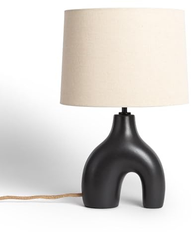 LEDKIA LIGHTING - Lámpara de Mesa Decorativa | Base de Cerámica Elegante | Pantalla de Lino Acogedora | Compatible con Bombillas E27 | Diseño Minimalista, Negro, Cerámica