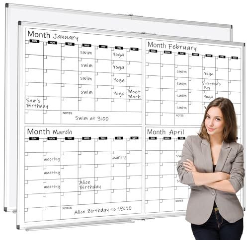 Lincia Large 48 x 36 Magnetic 4 Month Dry Erase Calendar White Board Foldable Whiteboard Calendar for Wall Mounted 2 in 1 Double Side Whiteboard with Dry Erase Board for Wall Office Home
