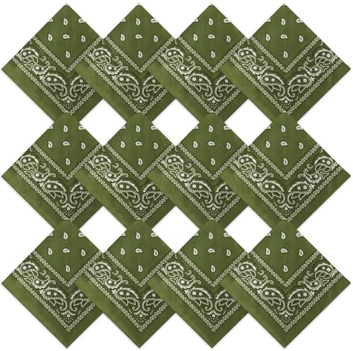 Suhine Bandanas, Bandana, Kopfband, Paisleymuster, Cowboy, Bandana, Schal, Taschentuch für Damen und Herren, 55,9 x 55,9 cm, 12 Stück, Olivgrün, Large