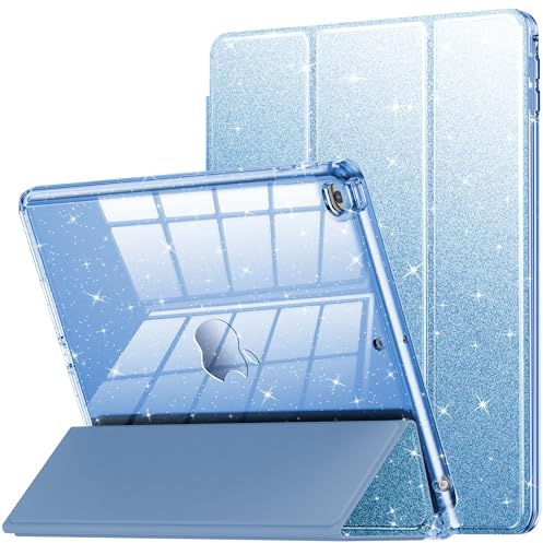 INFILAND Case for iPad 6th/5th Generation 9.7 Inch 2018/2017, iPad Air 2 Cute Glitter Clear Protective Cover for Kids, Girls, Woman, with Pencil Holder (Blue) | Cute Glitter Clear Slim Trifold Stand Protective Cover for Kids, Girls, Woman, with Pencil Holder,Auto Wake/Sleep Blue