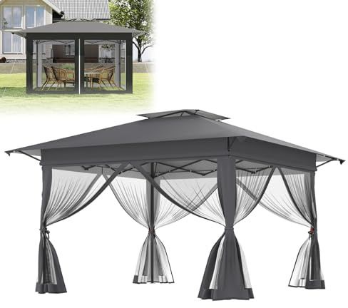 LZQ Trädgårdspaviljong 4 x 4 m, vikbar vattentät, pop-up paviljong med nätsidoväggar, justerbar höjd inkl. bärväska med hjul, UV-skydd, för trädgård terrass bakgård (antracit)