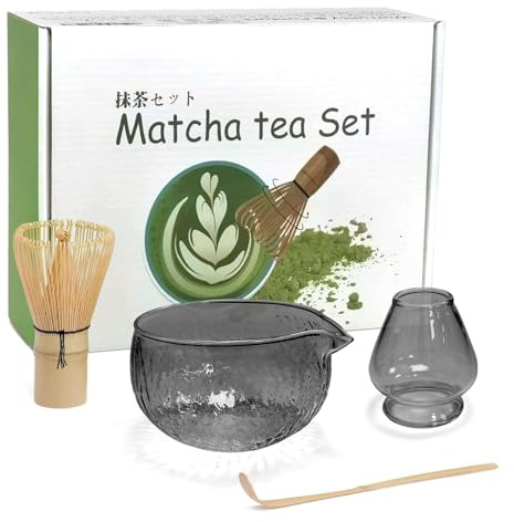 Mycketop Premium Matcha Set 4-tlg. Bambus Chasen, Teelöffel, Glas Ausguss Schale, Ständer, Einsteiger Zubehör für Japanische Teezeremonie, Geschenk für Matcha Liebhaber, dunkelgrauem Glas