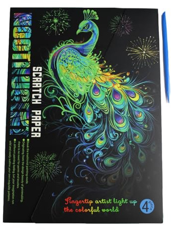 Pracht Creatives Hobby - Image à gratter Paon avec Crayon à gratter, 4 pièces, Brille dans Le Noir, Taille env. 28,5 x 21 cm, Images à gratter pour Enfants et Adultes