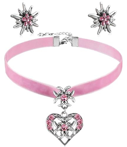 CHONGQILAO Oktoberfest Trachtenschmuck Damen Set, Bayerisch Dirndlschmuck Trachtenkette mit Strass Edelweiß Herz Anhänger und Edelweiß Ohrstecker für Damen Bierfest Trachten Dirndl Outfit Accessoires