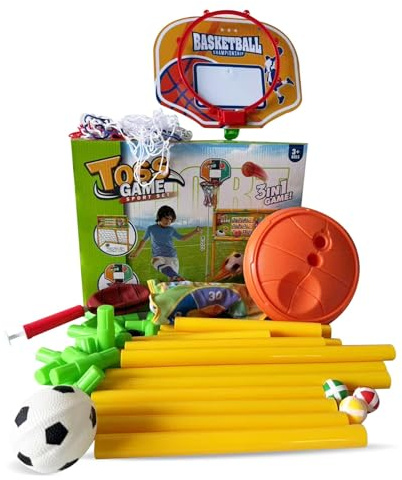 A2Z 4 Kids 3-in-1 Toss Game Sport Set for Children Indoor Outdoor Play Basketball Hoop Stand Football Goal Net with Target Board Adjustable Height Includes Balls & Pump Fun Active Learning Toy