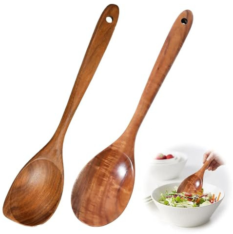 2PCS Wooden Spoons for Cooking, Large Heat-Resistant Wooden Cooking Spoons – Natural Non-Stick Kitchen Utensils, Durable Round Corner Spoons for Safe Stirring & Mixing