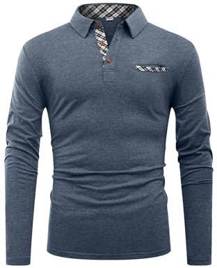 Hisir Polo Shirts for Men Cotton Long Sleeve T-Shirts Patchwork Collar Regular Tops Workwear with Real Pocket (Blue, M)