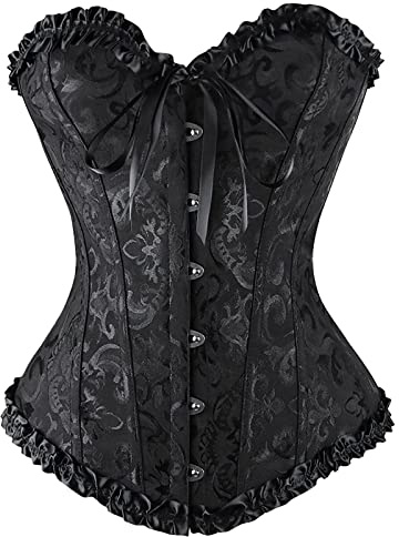 Generisch Korsett Damen Halloween Kostüm Korsett Schwarz Korsage Oberteil Hallowee Bauchweg Corset Top Corsage Korsetttop Gothic Kleidung Damen Halloweenkostüm Große Größen XS-6XL (Black-A, XS)