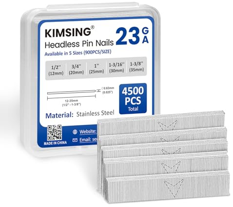 KIMSING 23GA 5 tamaños Puntas Micro INOX 4500 pzas para Madera | 5 longitudes 12-35mm (900 pzas c/u), puntas inox sin cabeza, compatibles 23GA, para armarios, muebles, puertas