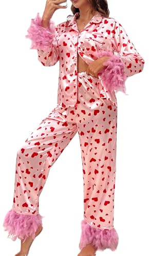 Springcmy Women Valentine Satin Pajamas Long Sleeve Shirt Pants Silk Heart Bow Fur Trim 2Pcs Sleepwear Loungewear Pjs Set (I Pink, L)
