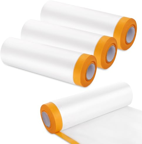 XMDROU 4 Rolls Pre Taped Masking Film, 2.4 x 20 m Plastic Dust Sheet Roll Plastic Sheet Rolls with Self-Adhesive Tape for Painting Furniture Decorating Floor (Clear)