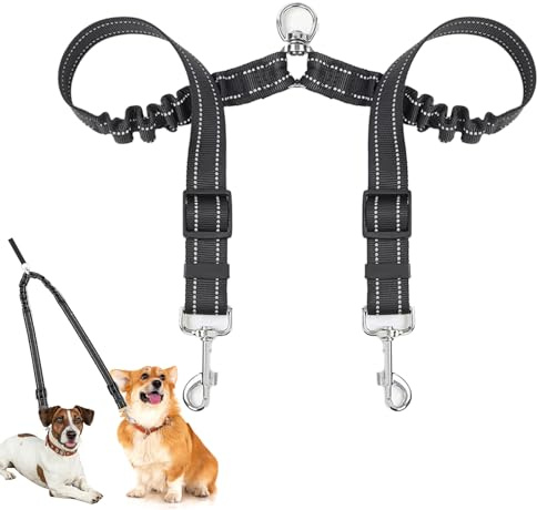 Double Dog Lead for Walking 2 Dogs – No-Tangle 360° Swivel Coupler – Adjustable Bungee Splitter with Reflective Straps – Soft Handle Dual Lead for Small and Medium Dogs