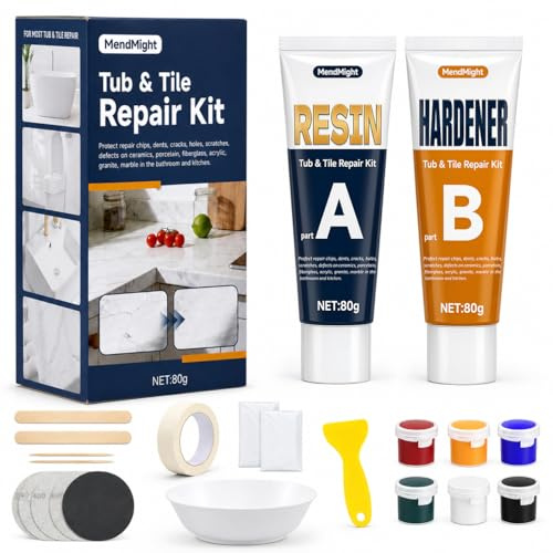 Badewannen Reparaturset Weiß 2x80g, Wasserdicht & Hitzebeständig für Waschbecken Toiletten, Emaille Fliesen Keramik Reparaturset mit 6 Farbpasten gegen Risse Kratzer an Porzellan Marmor Granit