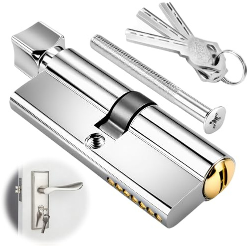 70mm Chrome Euro Cylinder Lock 50/50T, Thumbturn Knob Door Lock Cylinder with 3 Keys, Anti-Pick Dril Thumb Turn Barrel Locks High Security for UPVC Internal Doors or Wooden Composite Doors Front