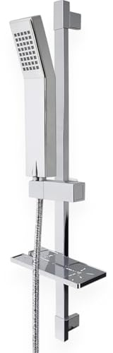Topolenashop Saliscendi Doccia Cromato 85 cm con Soffione Quadrato, Mensola Portaoggetti e Staffa Regolabile – Set Doccia Completo con Flessibile Attacco Universale 1/2” 69136