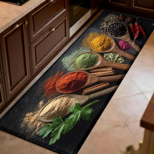 Küchenläufer Gewürze und Kräuter Holzlöffel 50 x 200 cm Rutschfester Küchenteppich Schwarz pflegeleichter Teppichläufer für Küche, Flur, Eingangsbereich & Esszimmer