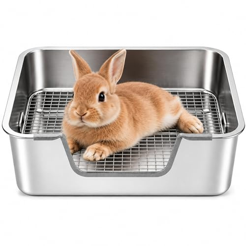 HYLYUN Lettiera per conigli in acciaio inox, grande (40 x 30 x 15 cm), toilette per roditori con griglia di protezione e piedini antiscivolo, resistente all'urina, estremamente igienica, ideale per 1