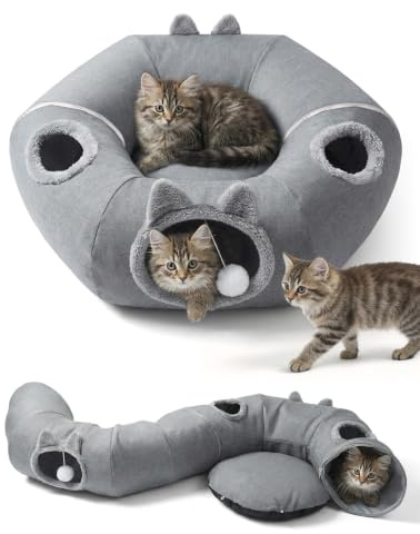 Katzenhöhle 3-in-1 Katzentunnel, rund | Atmungsaktives Leinen, Herausnehmbares Bett, Für Sommer, S-förmig verstellbar, Für Katzen und Kaninchen