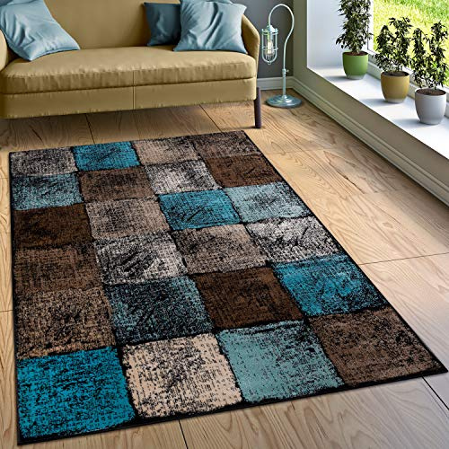 Paco Home Designer Teppich Wohnzimmer Ausgefallene Farbkombination Karo Türkis Braun Creme, Grösse:80x150 cm