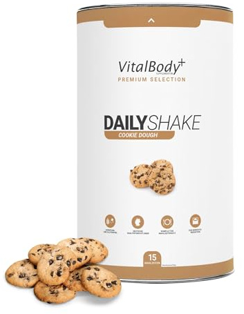 VitalBody+ DailyShake Cookie Dough, 450 g, Mahlzeitenersatz, 15 Mahlzeiten | Mahlzeitenersatz-Shake zum Abnehmen, nur 250 kcal pro Shake, vollwertig & kalorienarm ersetzen