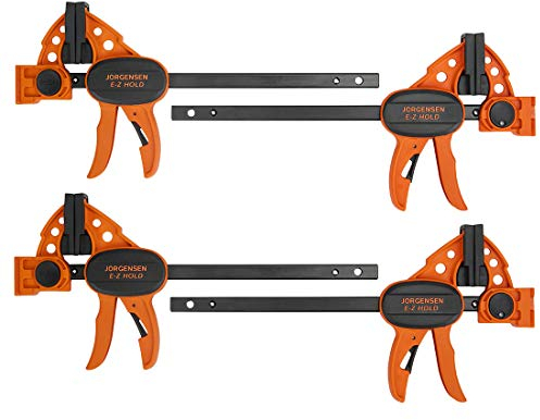 JORGENSEN 150 mm Woodworking Clamps 4-Pack, Splicable to 400 mm Ratchet Bar Clamps, Quick Release Clamp Set, 290 mm Spreader, One Handed Wood Clamp, Max 68 kg Load Limit