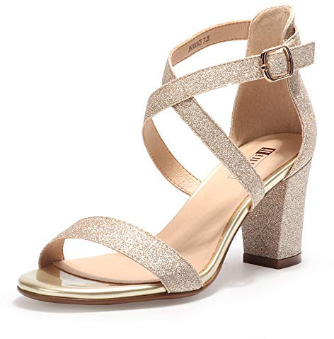 IDIFU Women's IN3 Grace Strappy Block Heels Sandals Comfy Open Toe Chunky Dress Wedding Shoes with Adjustable Cross Strap (Gold Glitter, 8.5 M US)