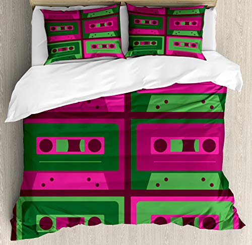 Ambesonne Retro Duvet Cover Set, Cool and Vintage Cassettes Retro Technology in Bicolour Tones, Decorative 3 Piece Bedding Set with 2 Pillow Shams, King Size, Dark Magenta Fern Green