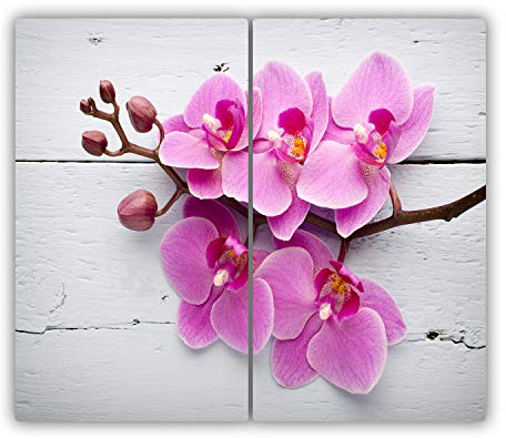 Glasschneidebrett 2x30x52 cm Rutschfest Silikonfüße Antibakteriell Plastikfrei Gehärtetes Glas Hitzebeständig für die Küche 2 Stück Glasplatte Lebensmittelecht Dekorativ - Orchidee auf Holz