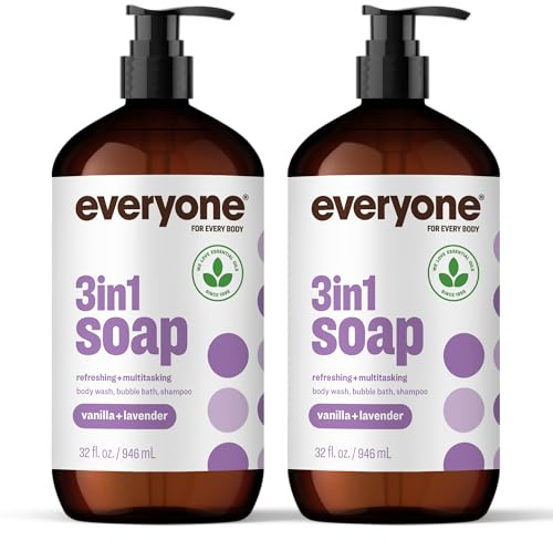 Everyone 3-in-1 Soap, Body Wash, Bubble Bath, Shampoo, 32 Ounce (Pack of 2), Vanilla and Lavender, made with Essential Oils for Men and Women