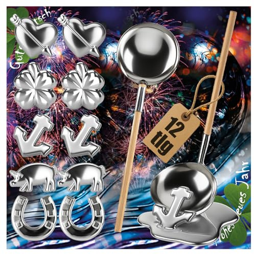 com-four® 12-teiliges Zinngießen mit 10 Figuren und 2 Holzstiel-Löffeln | Silvestergießen - Wahrsagerei-Partyspiel - die gesunde Alternative zum Bleigießen