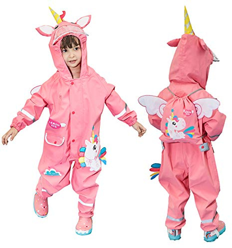 JinBei Impermeable Niñas Unicornio Rosa Poncho de Lluvia Siamesa Chubasquero Encapuchado Dibujos 3D Animados Contra Viento y Lluvia al Aire Libre Transpirable Ecológico 4-6 Años