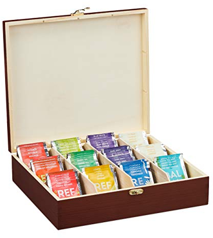 Relaxdays Scatola Porta Tè & Tisane, 12 Scomparti per Bustine & Capsule del Caffè, Cofanetto con Coperchio, Marrone