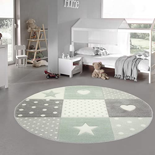 Teppich-Traum Kinderzimmer Teppich Spiel & Baby Teppich Herz Stern Punkte Design Grün Grau Creme Größe 160 cm rund