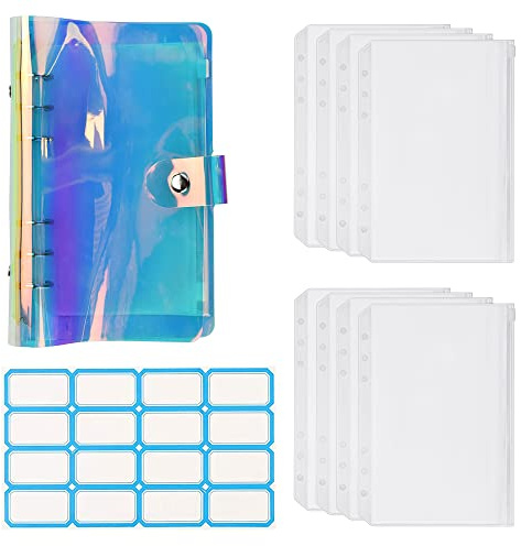 A6 Loseblatt Notizbuch Binder, STCRERAG PVC Notizbuch Set mit Etikettenaufkleber und 8 Pcs Transparent Loseblattbeutel, 6 Ring Bunt Geld Organizer Dauerhaft Ringbuch Ordner für Quittungen Bargeld