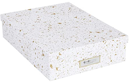 BIGSO OSKAR Dokumentenbox A4 – Aufbewahrungsbox mit Deckel und Griff – Schreibtischablage für Papier, Broschüren & Dokumente – Regal Aufbewahrungsbox aus Faserplatte und Papier – gold gesprenkelt