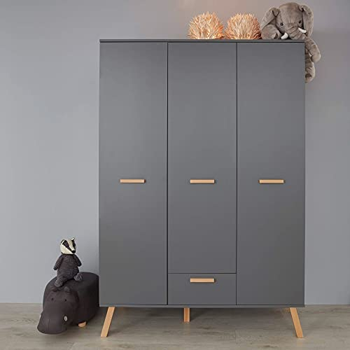 Lomadox Babyzimmer Kleiderschrank in Grau mit Buche massiv, B/H/T: ca. 130/190/60 cm