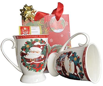 GMM Taza de Navidad con temática navideña, incluye sobre navideño con decoración de purpurina, asas de cordón de tela roja y adhesivo para cerrar paquetes navideños. (Blanco_árbol)