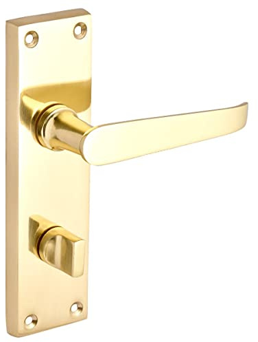 Designer Levers Victorian Straight Lever Door Handles, Polished Brass | Supplied as a pair; bathroom locking door handle with thumbturn; 152mm. backplate length.